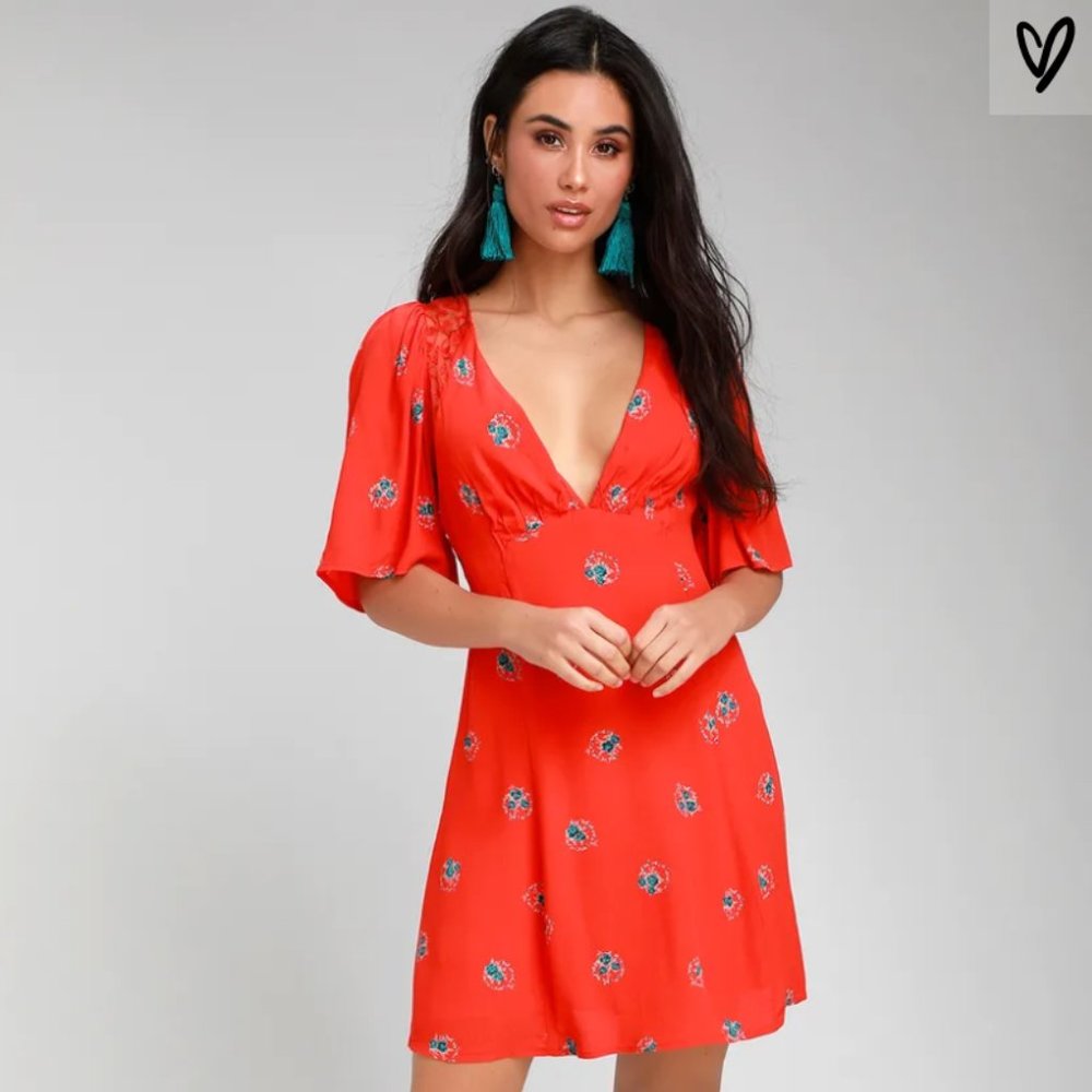 Free People Coral Red Floral Backless Mini Dress